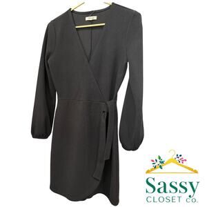 Madewell Black Faux Wrap Dress Women’s S RN#77388 V Neck Blouson Sleeve Midi EUC